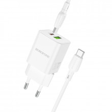 Borofone Wall charger BN14 Royal GaN - USB + Type C - QC 3.0 PD 30W with Type C to Type C cable white