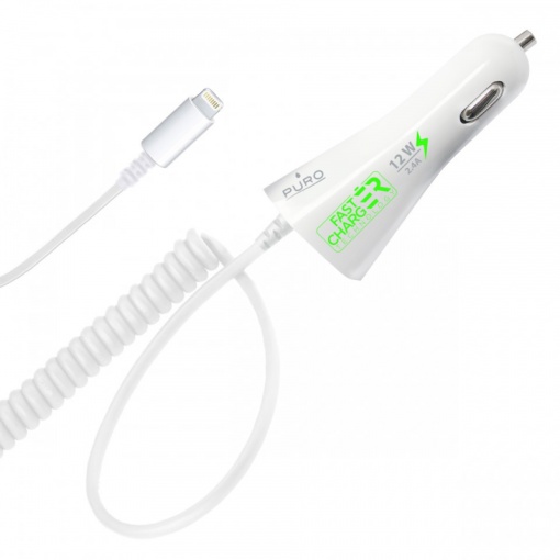 Автомобильное зарядное устройство Puro PLT24 2.4A с кабелем для iPhone, белое - Img 1