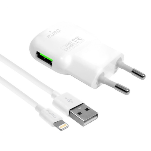 Домашнее зарядное устройство Puro Fast Charger с кабелем Lightning для iPhone, белое