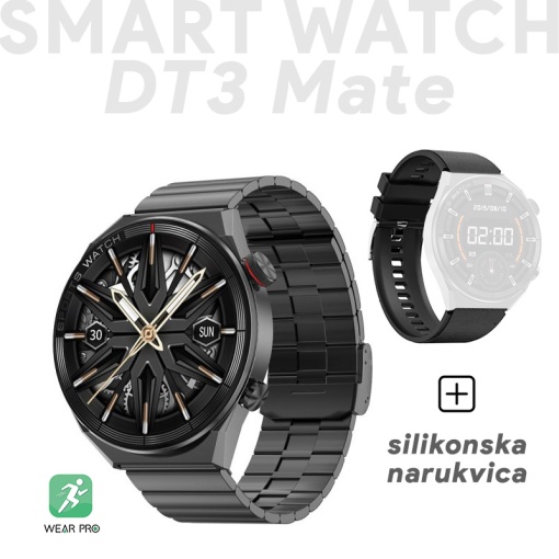 Умные часы DT3 Mate черные (металлический+силиконовый браслет)