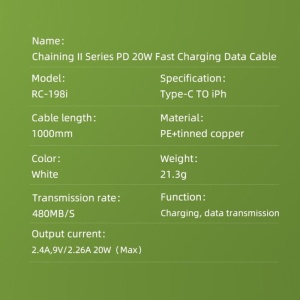 Data kabl REMAX Chaining Series II PD 20W Fast Charging RC-198i Type C na iPhone lightning beli - Img 3