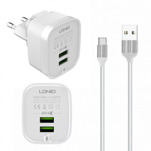 Kucni punjac LDNIO A201 2xUSB 2.4A Type C beli - Img 2