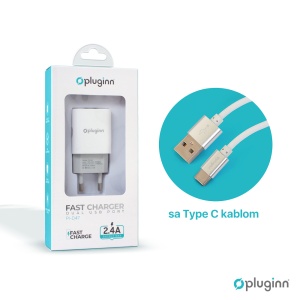 Kucni punjac Pluginn PI-D47, 5V, 2.4A, 12W 2xUSB sa Type C kablom beli CE - Img 3