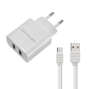 Бытовое зарядное устройство KONFULON C18+S33A, 2xUSB, 2.1A с кабелем Type C, белое, 1м