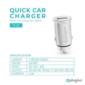Автомобильное зарядное устройство Pluginn PI-20 QC 3.0, 3A, 18 Вт, с кабелем Micro USB, серебристое - Img 2
