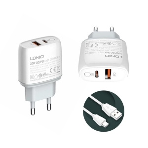 Бытовое зарядное устройство LDNIO A2424C, PD 20 Вт, QC3.0 18 Вт, с кабелем Type C, белое