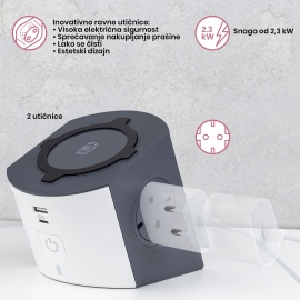LG 694500 PRODUZNI BLOK SA BEZICNIM PUNJACEM 10W 2X2P+E 1XUSB-A 1XUSB-C INDIKACIJA 2M (TAUPE/T.SIVA) - Img 3