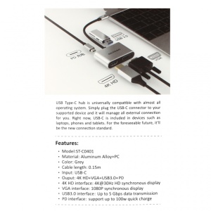 Adapter Type C na HDMI VGA PD USB3.0 SOTAKO ST-C0401 4 u 1 sivi - Img 3