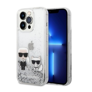 Чехол Karl Lagerfeld HC Liquid Glitter Karl&Choupette для iPhone 14 Pro 6.1, серебристый (KLHCP14LGKCS)
