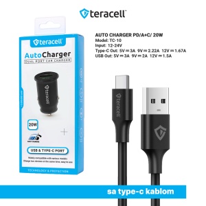 Auto punjac Teracell Evolution TC-10 PD 20W, USB QC3.0 15W sa Type C kablom crni - Img 3