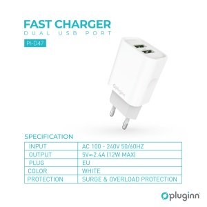 Kucni punjac Pluginn PI-D47, 5V, 2.4A, 12W 2xUSB sa Type C kablom beli CE - Img 2