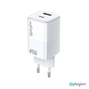 Домашнее зарядное устройство Pluginn PI-D74-45w, GaN, QC3.0, PD3.0, PPS, USB 19W, PD 45W, белое CE