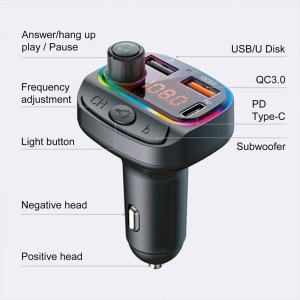 FM-передатчик C15 USB, PD, QC 3.0 Bluetooth 5.0, RGB, громкая связь, черный - Img 3