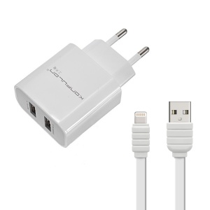 Зарядное устройство для дома KONFULON C18+S32A, 2xUSB, 2.1A с кабелем Lightning для iPhone, белое, 1 м