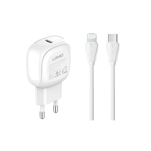 Бытовое зарядное устройство LDNIO A1206C, PD 3.0, 27 Вт, PPS, с кабелем Lightning Type C для iPhone, белое