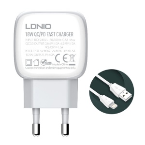 Домашнее зарядное устройство LDNIO A2313C, PD QC3.0, 18 Вт, с кабелем Lightning для iPhone