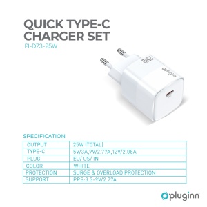 Домашнее зарядное устройство Pluginn PI-D73-25w, PD 3.0, PPS, 25W, белое CE - Img 2