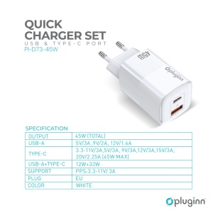 Домашнее зарядное устройство Pluginn PI-D74-45w, GaN, QC3.0, PD3.0, PPS, USB 19W, PD 45W, белое CE - Img 2