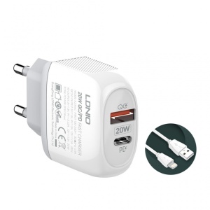 Зарядное устройство LDNIO A2316C, PD 20 Вт, QC3.0 18 Вт, с кабелем Lightning для iPhone, белое