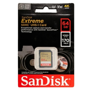 Карта памяти SanDisk SDXC 64 ГБ Extreme 170 МБ/с V30 UHS-I Class 10 U3 V30