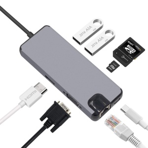 Adapter Type C na RJ45 (LAN) HDMI VGA 2xUSB 3.0 PD SD microSD 8u1 JWD-TC32 - Img 1