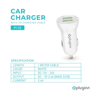 Auto punjac Pluginn PI-35 2xUSB, 2.4A sa Micro USB kablom beli - Img 2
