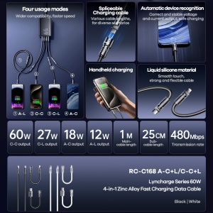 Data kabl REMAX RCC-168 Lyncharge Series 60w 4-in-1 Zinc Alloy beli - Img 3