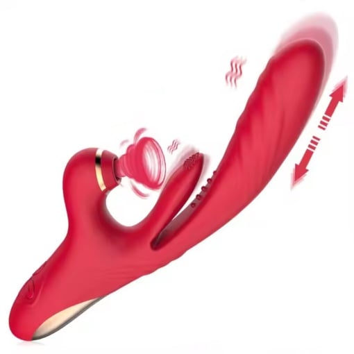 Vibrator 3 în 1 pentru Femei, 7 Funcții de Sucțiune pentru Clitoris și 7 moduri Stimulare G-Spot, 13cm, Rezistent la Apa, Rosu