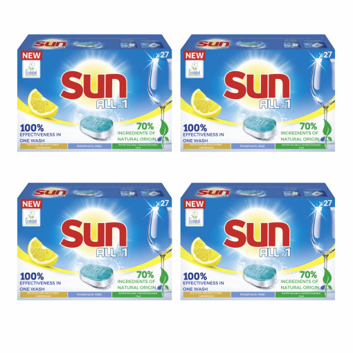 Pachet Detergent de vase pentru masina de spalat Sun All in One Lemon, 4x27 tablete