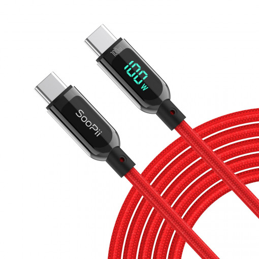 Cablu USB C la USB C SOOPII de 100 W, 2m, incarcare rapida, afisaj LED pentru lPhone 15/15 Pro/15 Plus/15 Pro Max, lPad Air, MacBook Pro, Samsung Galaxy S23/S22, Pixel, LG (rosu) )