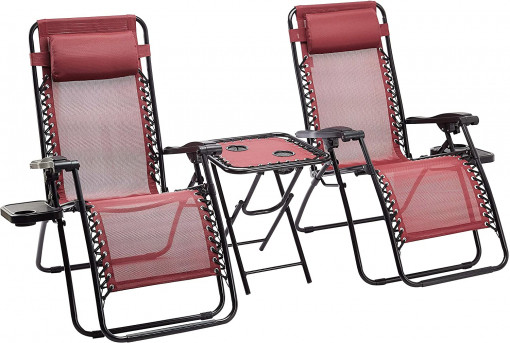 Set 2 buc Scaune / sezlong Amazon Basics, pentru gradina cu masuta, 94x26x66cm, Rosu