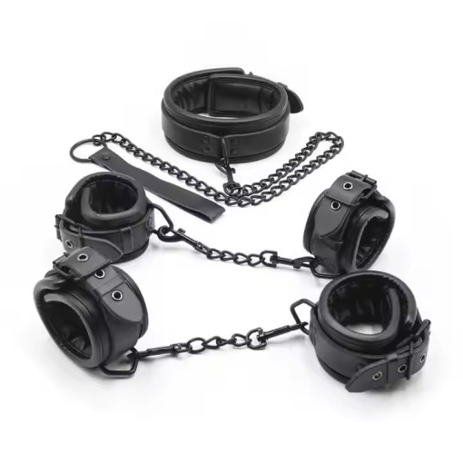 Set Calus cu Cătușe pentru maini si picioare - Reglabile din piele ecologica, Pot fi folosite individual, BDSM, Negru