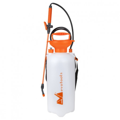 Pulverizator manual cu presiune EvoTools 677766, capacitate 8 L, presiune maxima 3 bar , 35 cm lungime lance, 135 cm lungime furtun, supapa siguranta, curea pentru umar