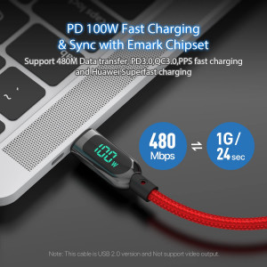 Cablu USB C la USB C SOOPII de 100 W, 2m, incarcare rapida, afisaj LED pentru lPhone 15/15 Pro/15 Plus/15 Pro Max, lPad Air, MacBook Pro, Samsung Galaxy S23/S22, Pixel, LG (rosu) ) - Img 4