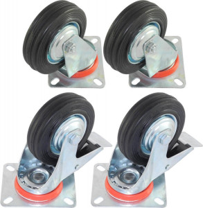 Set 2 roti pivotante si 2 roti pivotante cu frana din cauciuc plin cu placa, 200mm, capacitate 230kg - Img 2