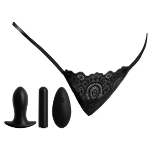 Lenjerie Sexy Lace Peek-a-Boo PIPEDREAMS, Chiloti cu Vibrator si Dop Anal, Rezistent la Apa, Telecomanda, S-L, Negru - Img 5