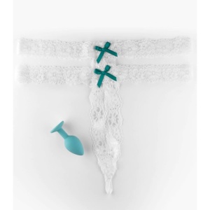Lenjerie Sexy PIPEDREAMS cu Dop Anal, Secret Gem – Marimea S-L, Alb/Turcoaz - Img 3