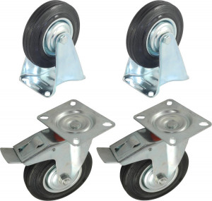Set 2 roti fixe si 2 roti pivotante, cu frana din cauciuc plin cu placa 75mm - Img 1