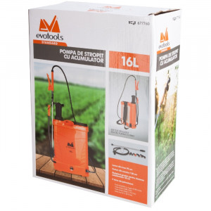 Pompa de stropit cu presiune pe acumulator si actionare manuala Evotools, rezervor tip rucsac 16 L,acumulator 12V 8 Ah, lance telescopica din inox, furtun 120 cm, 4 duze pentru stropire, utilizare man - Img 2