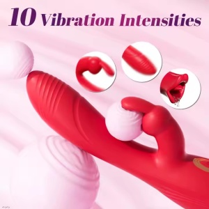 Vibrator Rabbit 3in1- Stimulator Clitoridian cu Funcție de Lins și Masaj G-Spot, pentru Clitoris, Vaginal și Mameloane, 10 Moduri de Vibratie, Rezistent la Apa, Rosu - Img 3