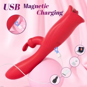 Vibrator Rabbit 3in1- Stimulator Clitoridian cu Funcție de Lins și Masaj G-Spot, pentru Clitoris, Vaginal și Mameloane, 10 Moduri de Vibratie, Rezistent la Apa, Rosu - Img 4