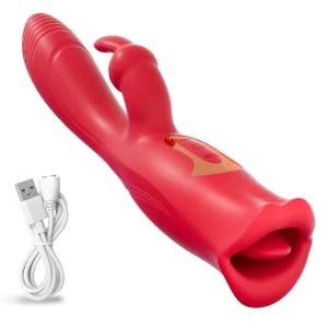 Vibrator Rabbit 3in1- Stimulator Clitoridian cu Funcție de Lins și Masaj G-Spot, pentru Clitoris, Vaginal și Mameloane, 10 Moduri de Vibratie, Rezistent la Apa, Rosu - Img 5