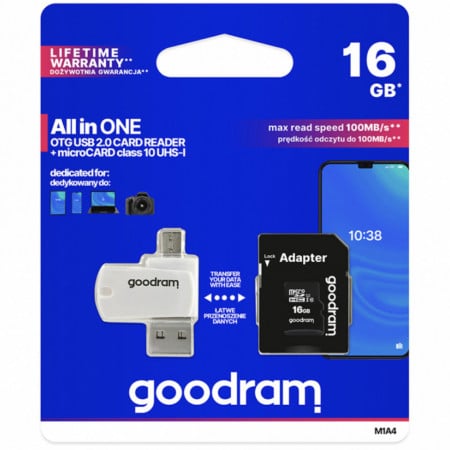 Card Memorie MicroSDHC GoodRam, 16Gb, Clasa 10 / UHS-1, Cu Cititor Card Si Adaptor SD M1A4-0160R12
