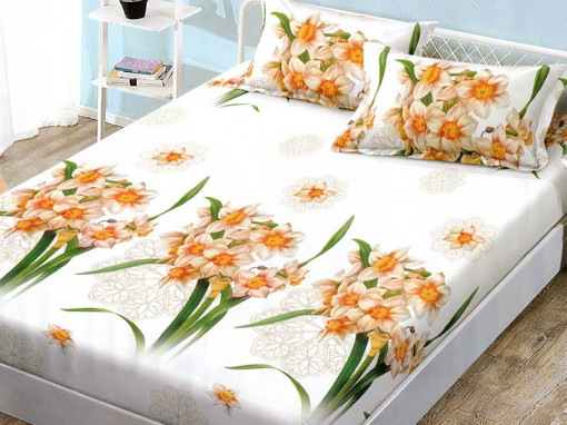 Cearsaf de pat cu elastic si 2 fete de perna, CNC L817, 180x200cm (Bumbac Satinat)