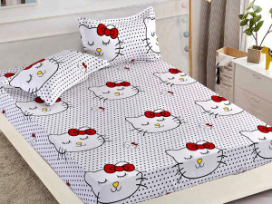 Cearsaf de pat cu elastic si 2 fete de perna, Kitty Ribbon, 90x200cm (Finet)