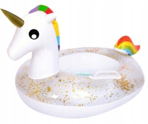 Colac gonflabil cu suport pentru copii, Unicorn Curcubeu cu sclipici, 95x60x52 cm - Img 2