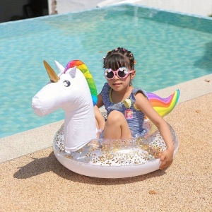 Colac gonflabil cu suport pentru copii, Unicorn Curcubeu cu sclipici, 95x60x52 cm - Img 3