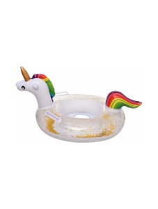 Colac gonflabil cu suport pentru copii, Unicorn Curcubeu cu sclipici, 95x60x52 cm - Img 6
