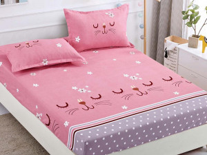 Cearsaf de pat cu elastic si 2 fete de perna, Pink Kitty, 90x200cm (Finet)