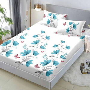 Cearsaf de pat cu elastic si 2 fete de perna, Blue Petal, 180x200cm (Finet)